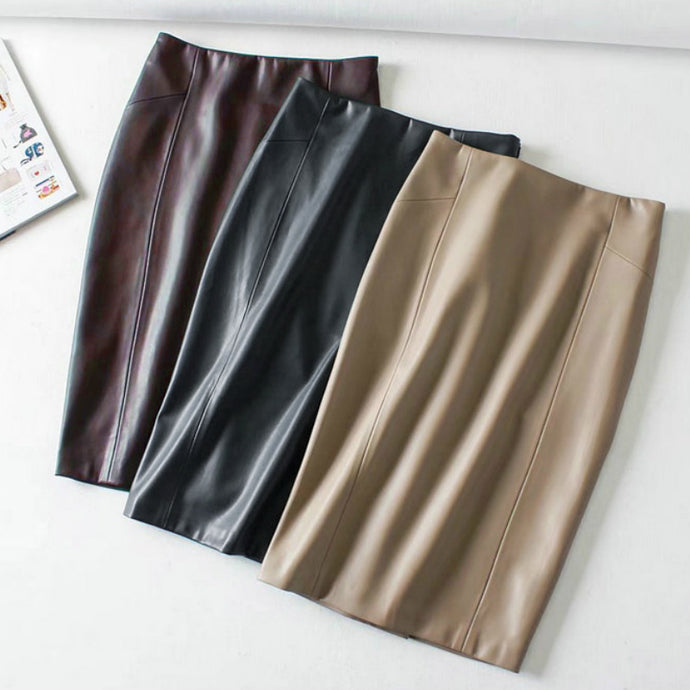 Women Sexy Soft PU Leather Pencil Midi Skirt Autumn Ladies Package Hip Back Split