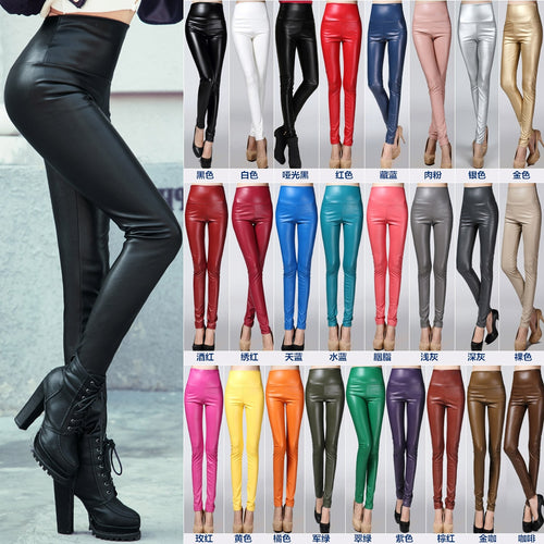 2017 Autumn Winter Women Elastic PU Leather Velvet High Waist Thick Warm leggings Slim Pencil