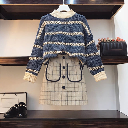 Spring Autumn Jumper +Plaid Skirt 2pcs Sets Knitted Long Sleeved Pullover Sweater + Mini Skirt two piece Sets Plus Size 3XL Z110