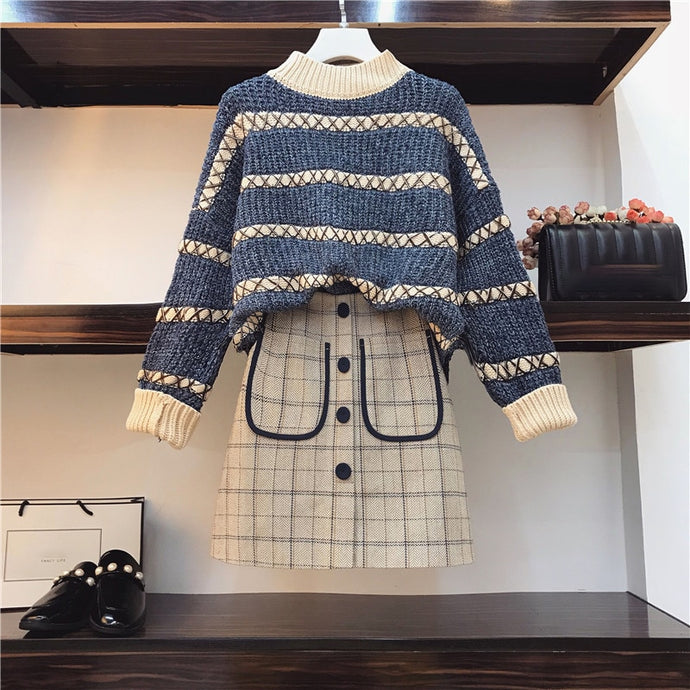 Spring Autumn Jumper +Plaid Skirt 2pcs Sets Knitted Long Sleeved Pullover Sweater + Mini Skirt two piece Sets Plus Size 3XL Z110