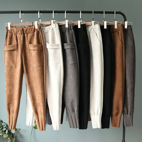 2019 Streetwear Women Pants Elastic High Waist Pockets Suede Harem Pants Casual Autum