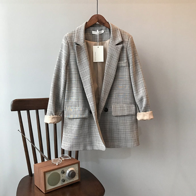 Spring Blazer Slim Korean Restore Plaid Suit Loose Suit Harajuku Vintage Jacket Feminine Outwear