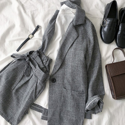 2019 Spring summer Women two piece set Casual tops + shorts plus size plaid Top Female